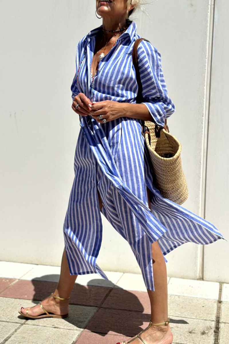 Vestidos camiseros informales con cuello vuelto, botones y cordones con estampado geométrico