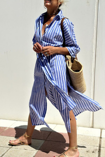 Vestidos camiseros informales con cuello vuelto, botones y cordones con estampado geométrico