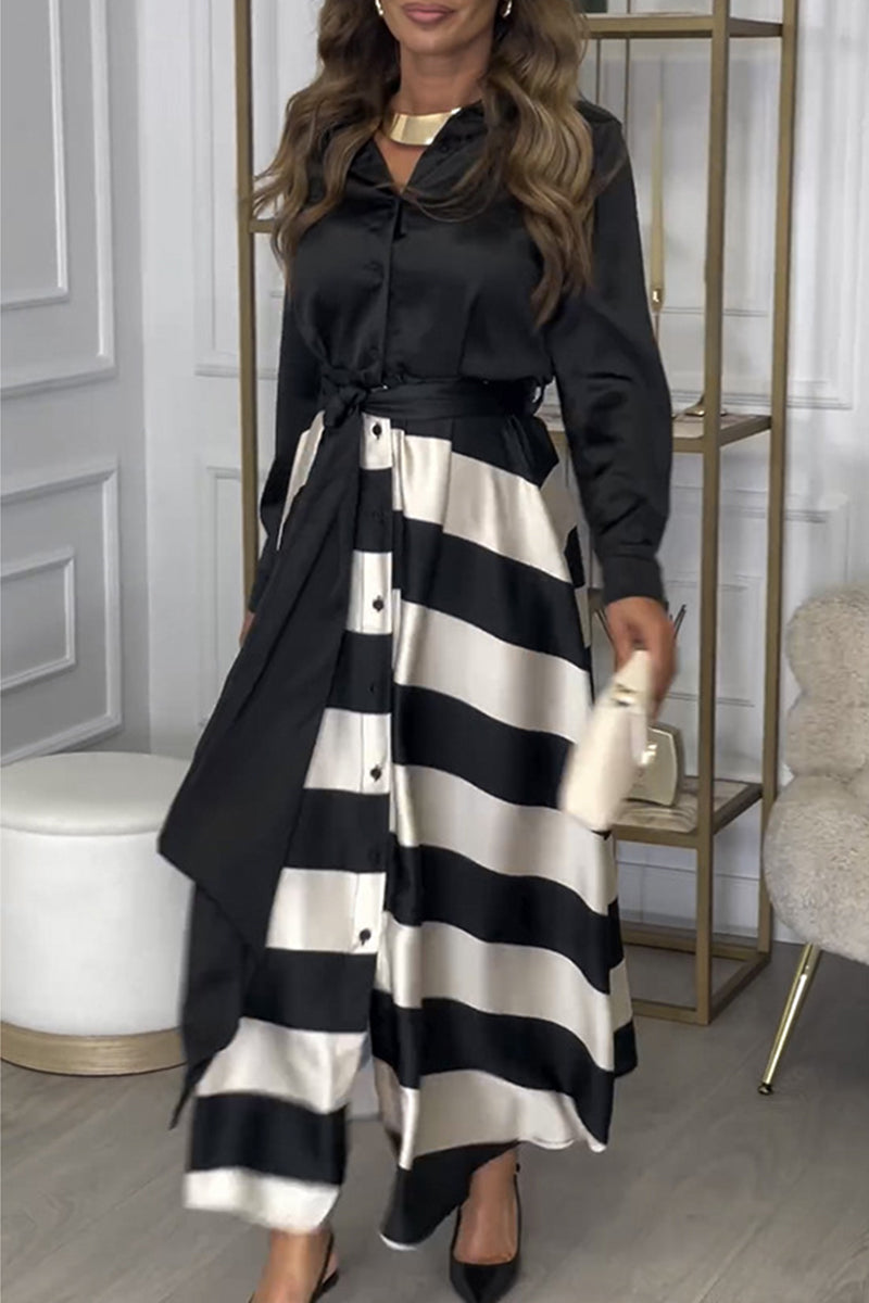 Elegante vestido camisero de rayas con cordones y cuello vuelto en contraste