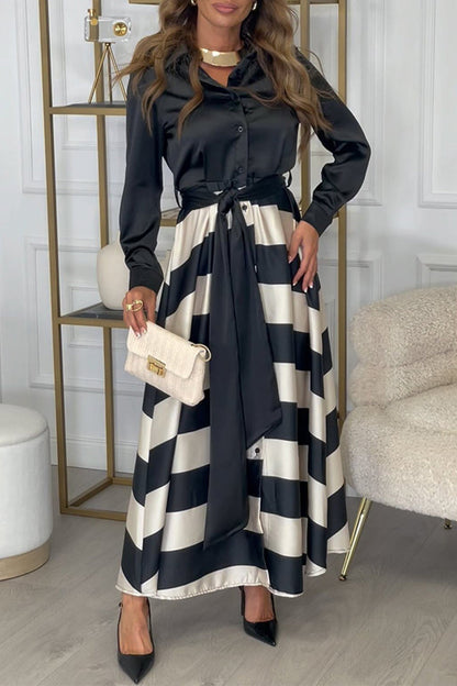 Elegante vestido camisero de rayas con cordones y cuello vuelto en contraste