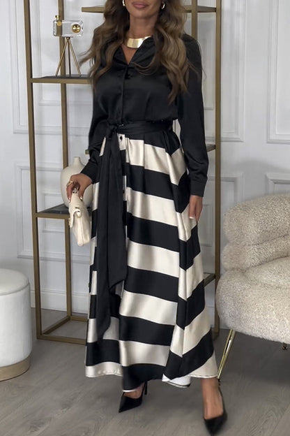 Elegante vestido camisero de rayas con cordones y cuello vuelto en contraste