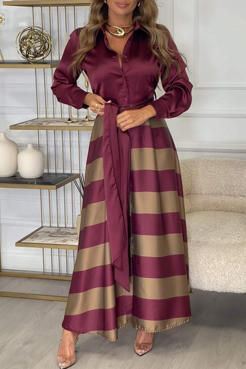 Elegante vestido camisero de rayas con cordones y cuello vuelto en contraste