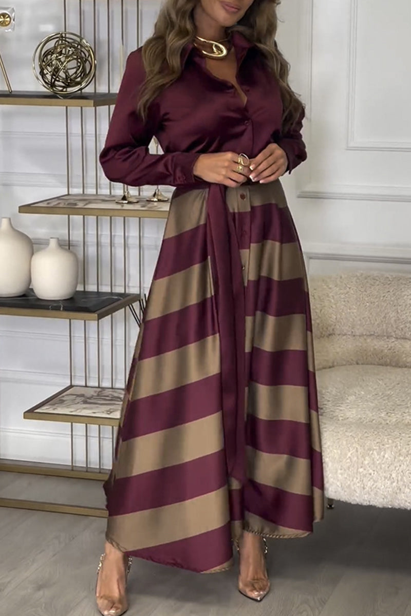 Elegante vestido camisero de rayas con cordones y cuello vuelto en contraste