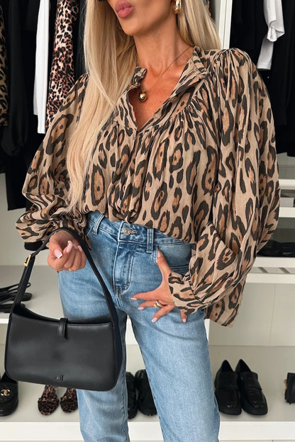 Blusas casuales con cuello redondo fruncido y botones de leopardo