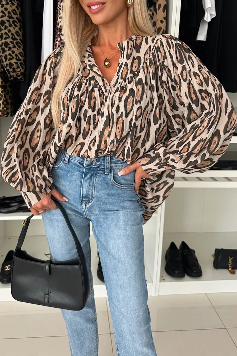 Blusas casuales con cuello redondo fruncido y botones de leopardo
