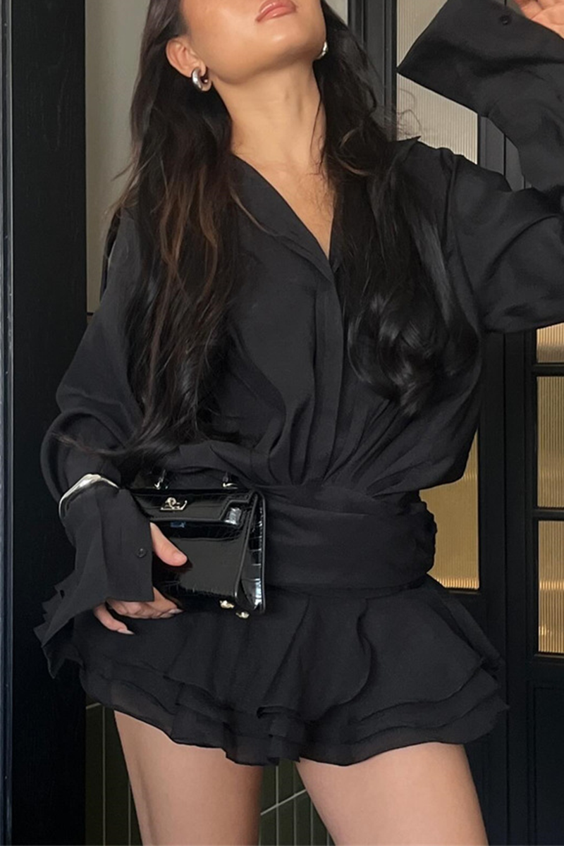 Vestido camisero sexy con cuello vuelto, fruncido, sin cinturón y volantes en el bajo irregular (sin cinturón)