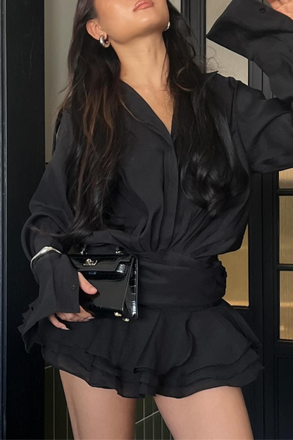 Vestido camisero sexy con cuello vuelto, fruncido, sin cinturón y volantes en el bajo irregular (sin cinturón)