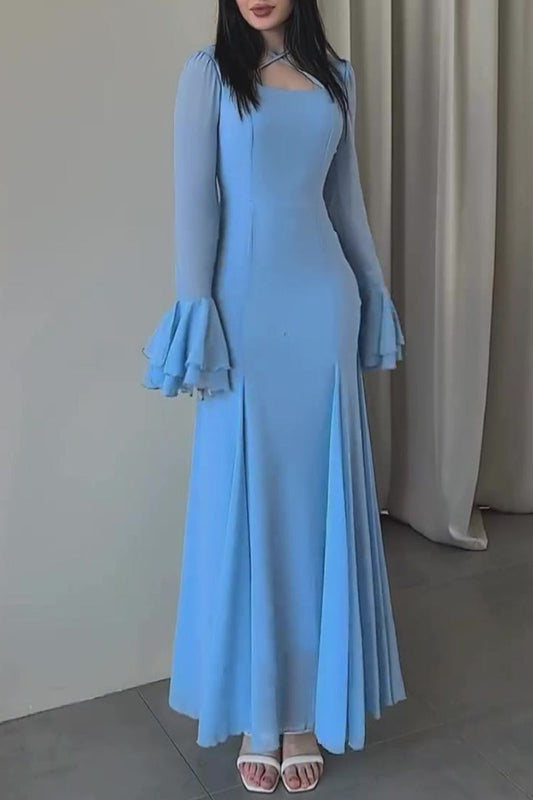 Vestidos largos elegantes de fiesta con volantes, tirantes cruzados, malla fruncida y escote cuadrado