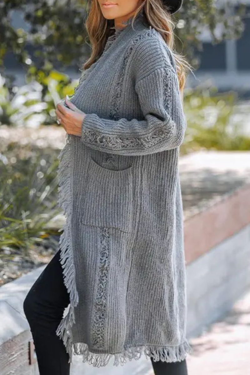 Prenda exterior informal con cuello tipo cárdigan y ribete de flecos (3 colores)
