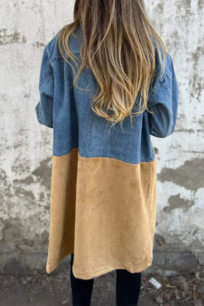 Chaqueta vaquera informal holgada de manga larga con cuello vuelto, botones y patchwork en contraste