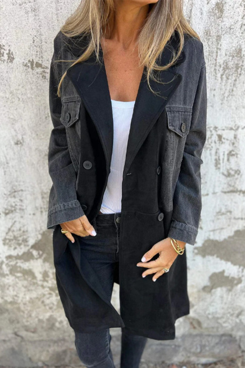 Chaqueta vaquera informal holgada de manga larga con cuello vuelto, botones y patchwork en contraste