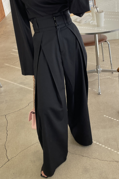 Pantalones casuales holgados de cintura alta con bolsillos y pierna ancha