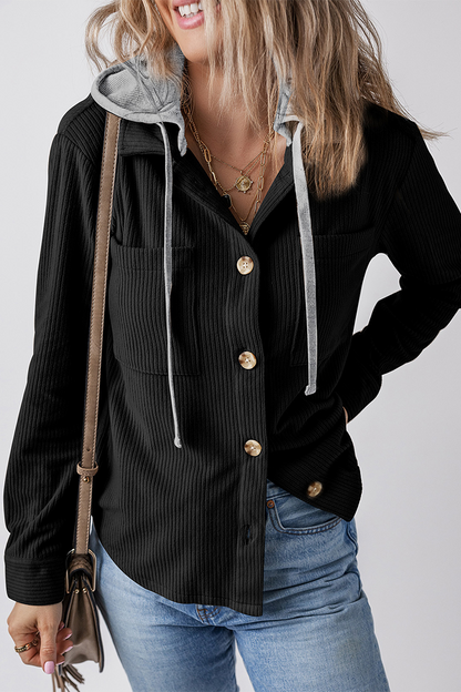 Casual Daily Draw String Buttons Patchwork Contrast Hooded Tops