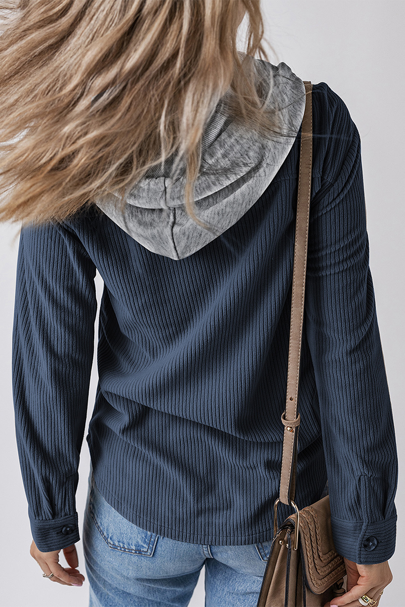 Casual Daily Draw String Buttons Patchwork Contrast Hooded Tops