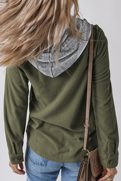 Casual Daily Draw String Buttons Patchwork Contrast Hooded Tops