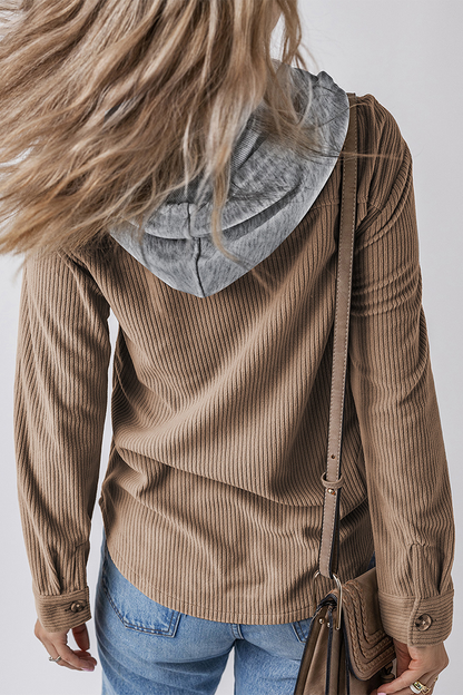 Casual Daily Draw String Buttons Patchwork Contrast Hooded Tops