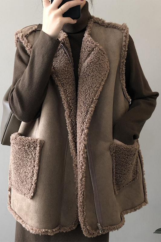 Chalecos casuales de cuello redondo con bolsillos y patchwork