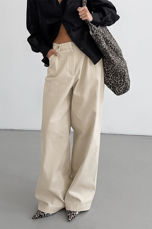 Pantalones casuales de cintura alta, holgados, con botones y bolsillos, y pernera ancha