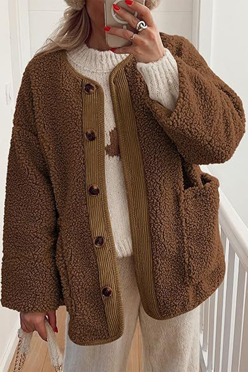 Prendas de abrigo informales con cuello redondo y bolsillos en contraste (6 colores)