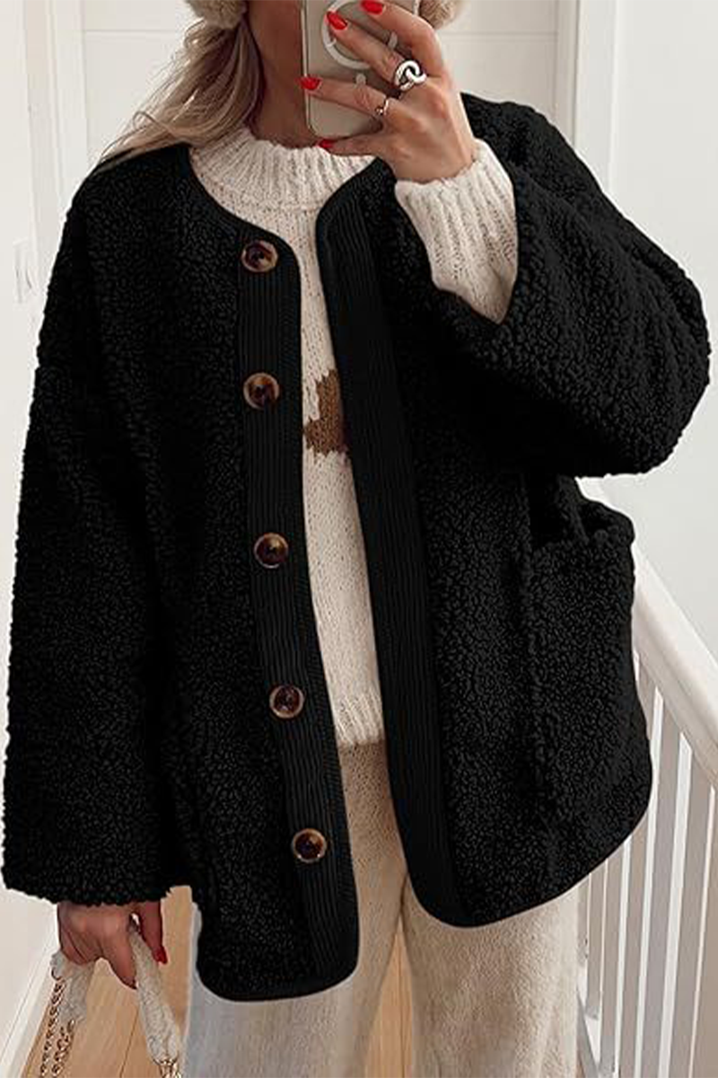 Prendas de abrigo informales con cuello redondo y bolsillos en contraste (6 colores)