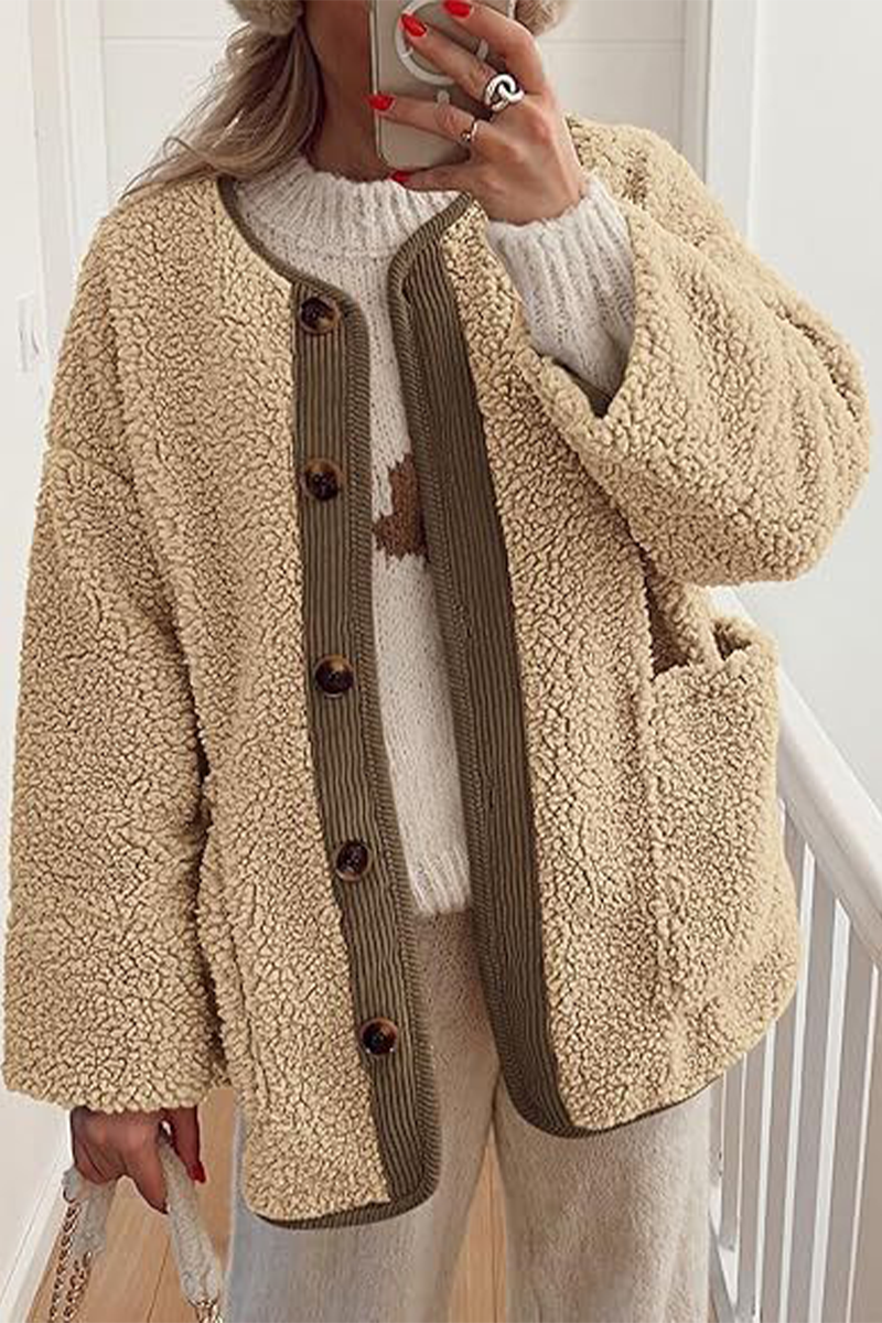 Prendas de abrigo informales con cuello redondo y bolsillos en contraste (6 colores)