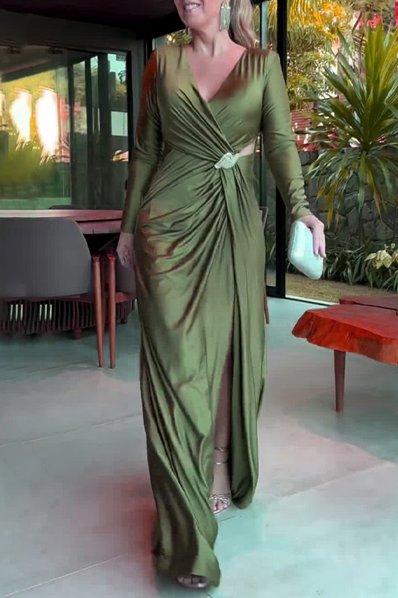 Vestidos de noche elegantes con escote en V fruncido y aberturas caladas (4 colores)