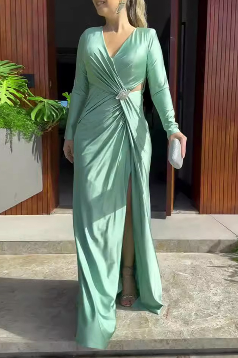 Vestidos de noche elegantes con escote en V fruncido y aberturas caladas (4 colores)