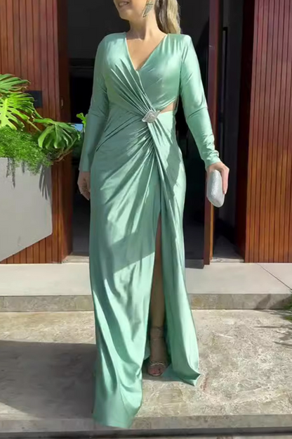 Vestidos de noche elegantes con escote en V fruncido y aberturas caladas (4 colores)