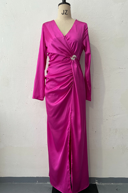 Vestidos de noche elegantes con escote en V fruncido y aberturas caladas (4 colores)