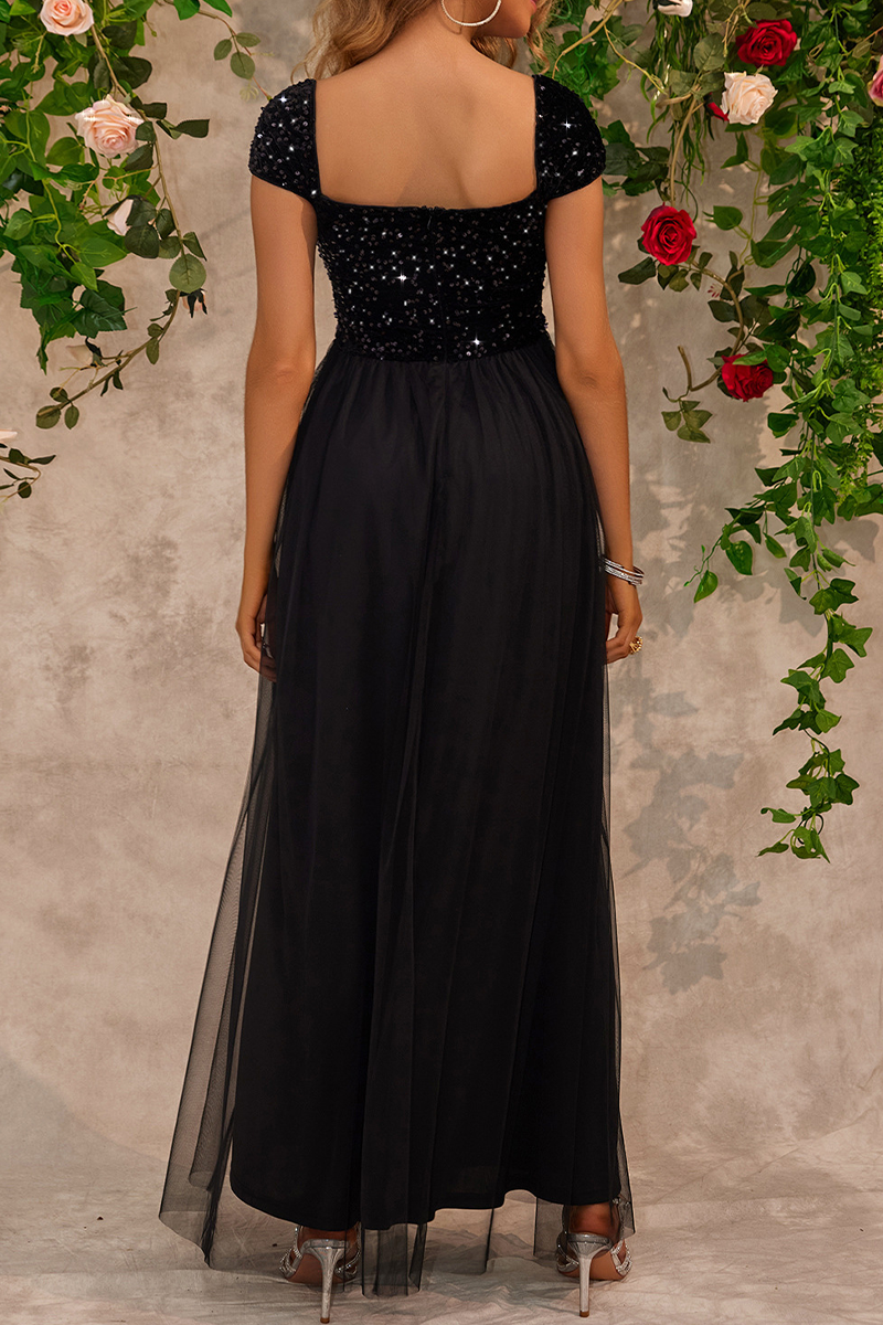 Vestidos de noche sexys con lentejuelas y abertura en la espalda de malla y escote cuadrado