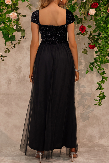 Vestidos de noche sexys con lentejuelas y abertura en la espalda de malla y escote cuadrado