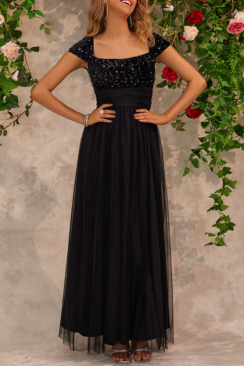 Vestidos de noche sexys con lentejuelas y abertura en la espalda de malla y escote cuadrado