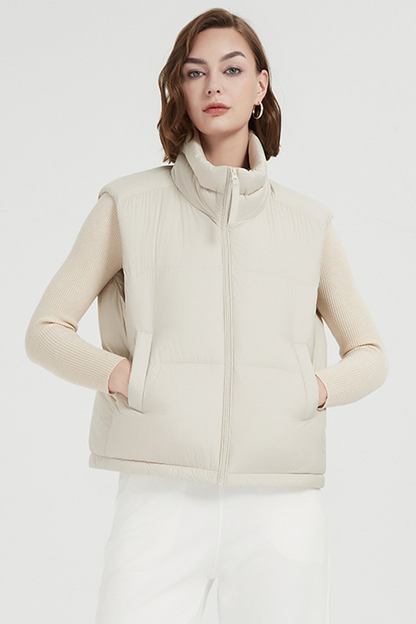 Chalecos casuales de cuello mandarín con cremallera y bolsillo de uso diario de plumón de pato blanco (contenido de plumón 86% ~ 90%)