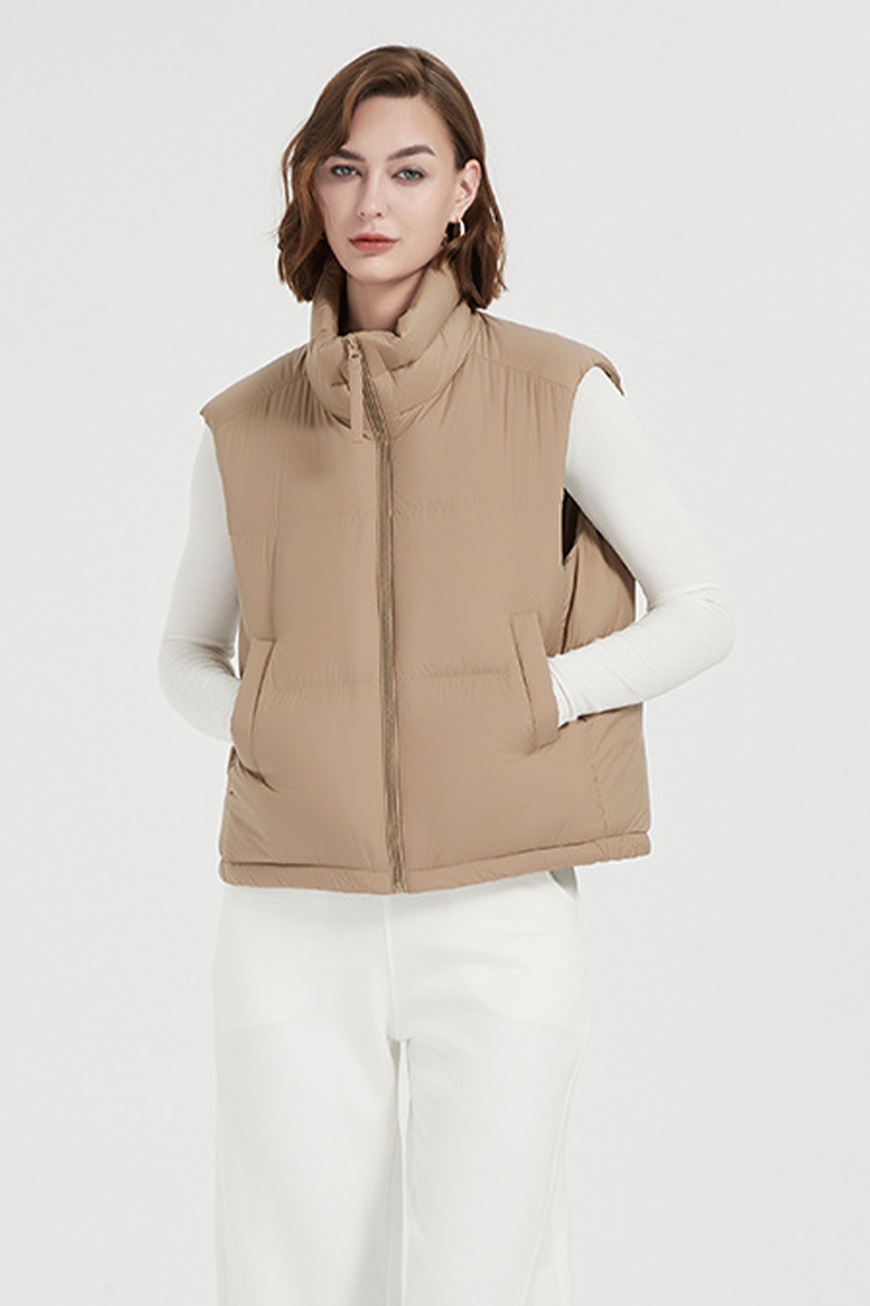Chalecos casuales de cuello mandarín con cremallera y bolsillo de uso diario de plumón de pato blanco (contenido de plumón 86% ~ 90%)