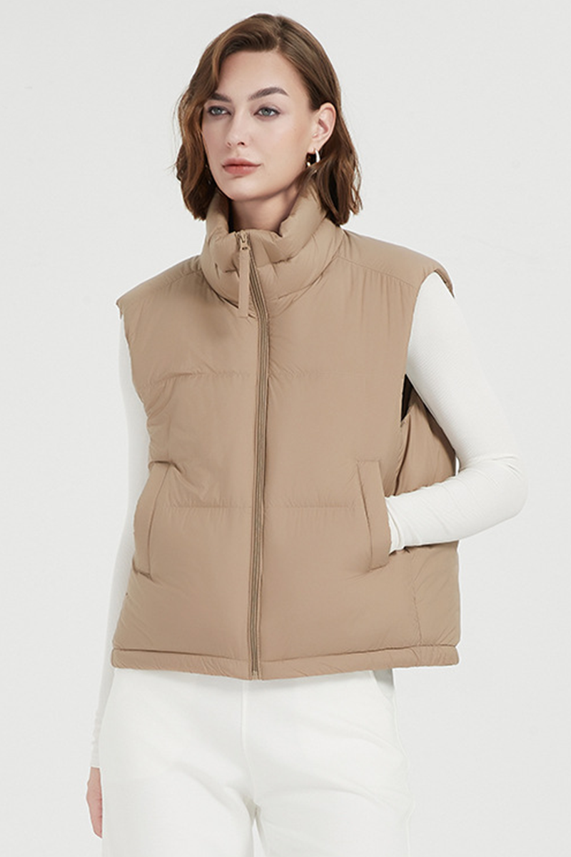 Chalecos casuales de cuello mandarín con cremallera y bolsillo de uso diario de plumón de pato blanco (contenido de plumón 86% ~ 90%)