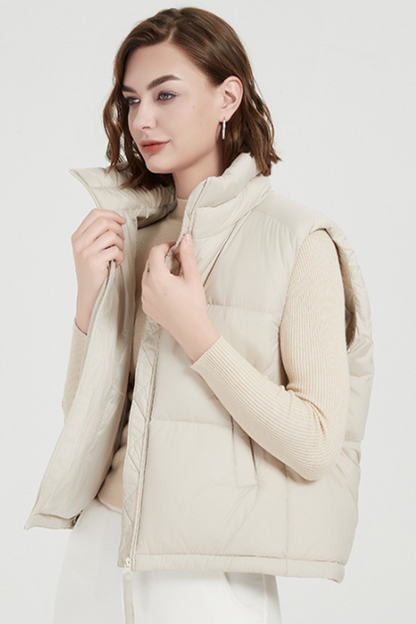 Chalecos casuales de cuello mandarín con cremallera y bolsillo de uso diario de plumón de pato blanco (contenido de plumón 86% ~ 90%)