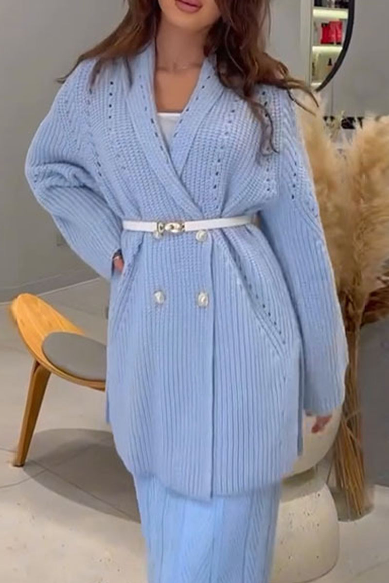 Casual With Belt Weave Turndown Collar Outerwear(3 Colors)