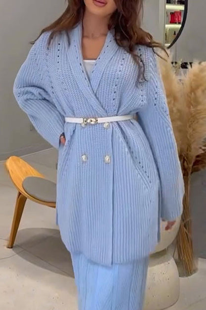 Casual With Belt Weave Turndown Collar Outerwear(3 Colors)