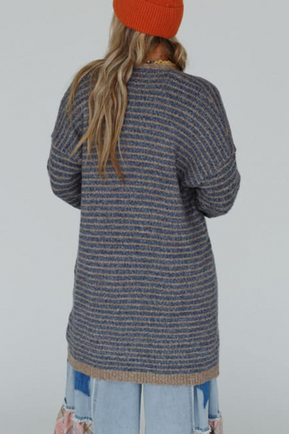 Casual Stripe Pocket Weave Contrast Cardigan Collar Outerwear