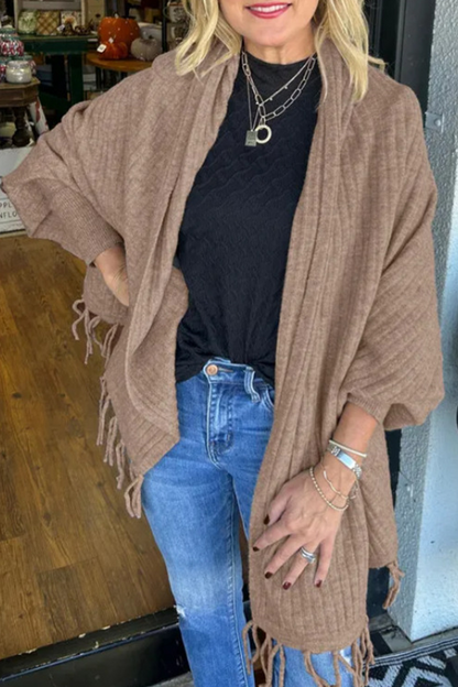 Prenda exterior informal con cuello tipo cárdigan irregular y ribete de flecos (9 colores)