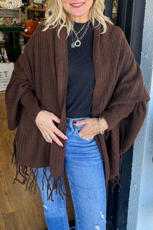 Prenda exterior informal con cuello tipo cárdigan irregular y ribete de flecos (9 colores)