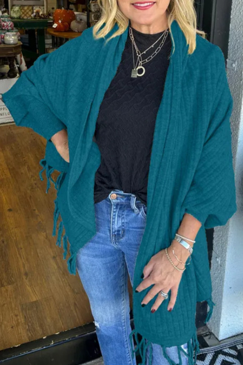Prenda exterior informal con cuello tipo cárdigan irregular y ribete de flecos (9 colores)