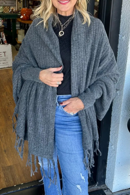 Prenda exterior informal con cuello tipo cárdigan irregular y ribete de flecos (9 colores)