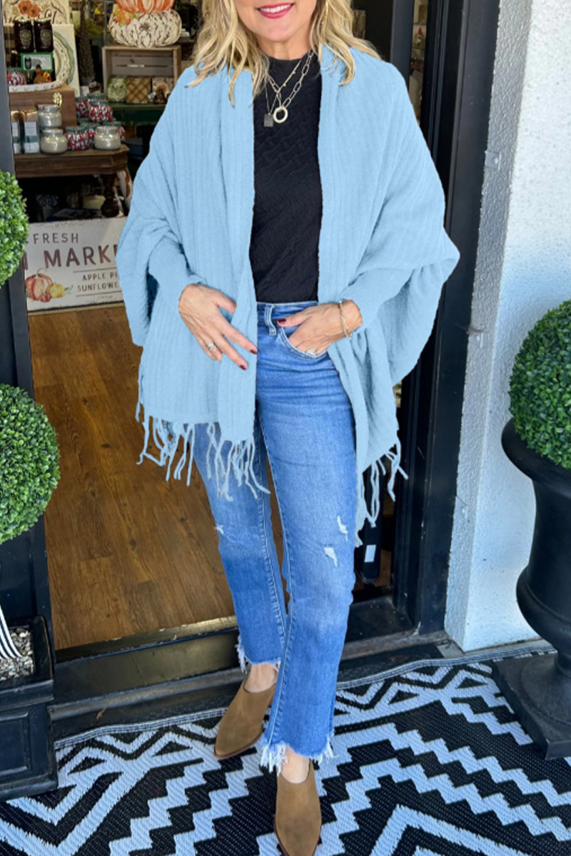 Prenda exterior informal con cuello tipo cárdigan irregular y ribete de flecos (9 colores)