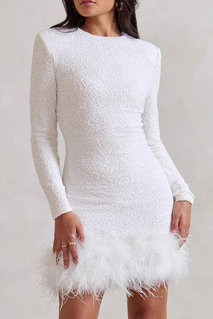 Vestidos de noche sexys de fiesta con lentejuelas y dobladillo de plumas, cuello redondo (4 colores)