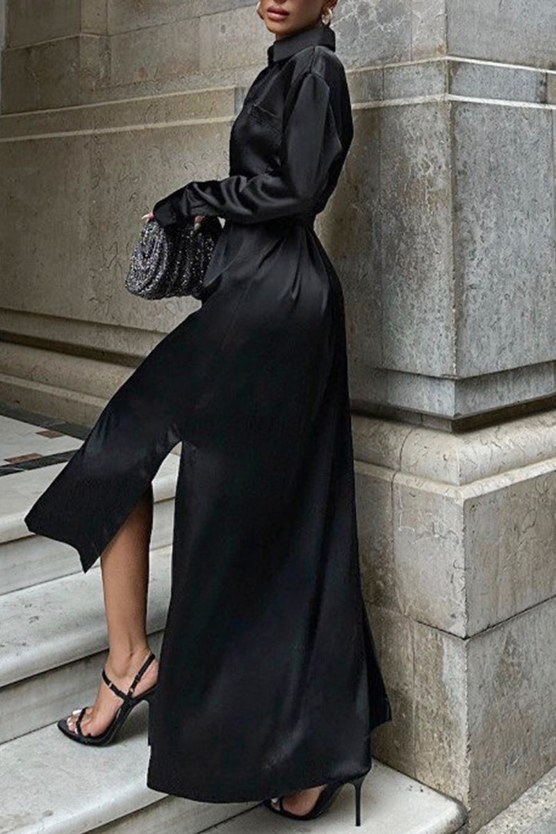 Elegante vestido camisero con cuello vuelto ajustable y hebilla con cordones