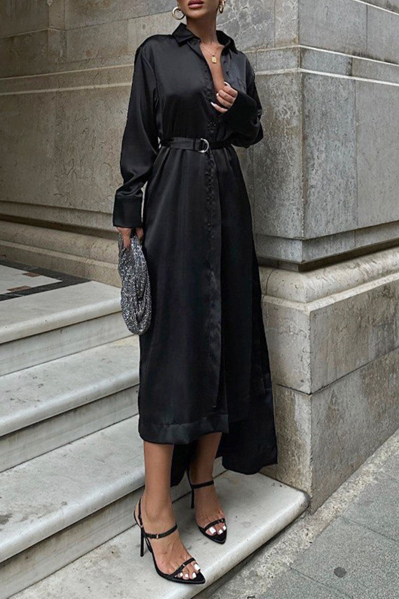 Elegante vestido camisero con cuello vuelto ajustable y hebilla con cordones