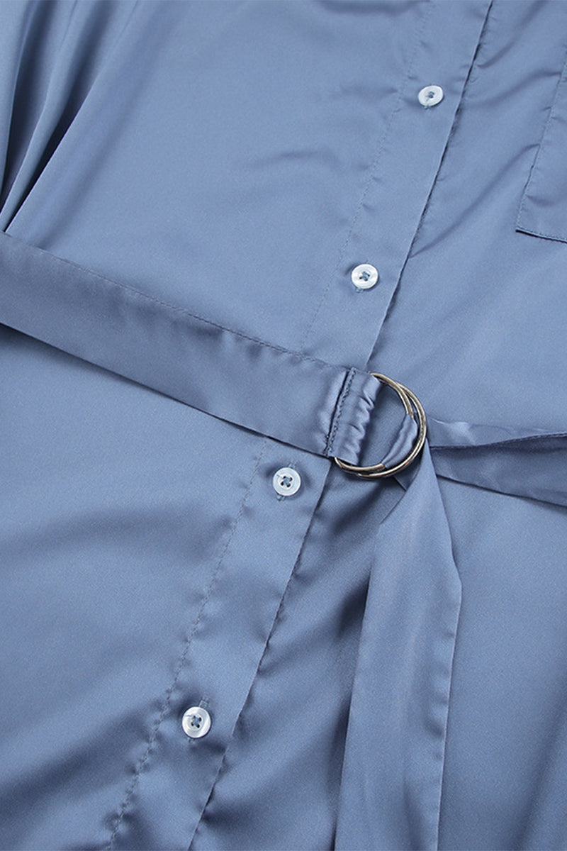 Elegante vestido camisero con cuello vuelto ajustable y hebilla con cordones