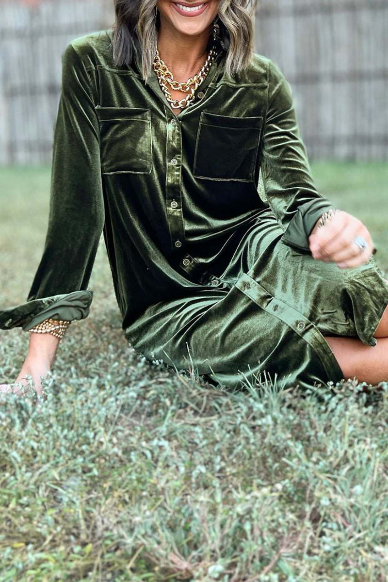 Vestido camisero informal con cuello vuelto y hebilla de bolsillo (3 colores)