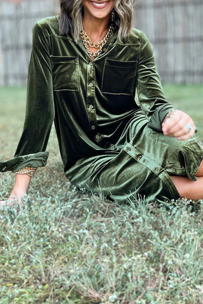 Vestido camisero informal con cuello vuelto y hebilla de bolsillo (3 colores)